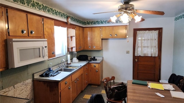 kitchen featuring sink, ceiling fan, and decorative backsplash