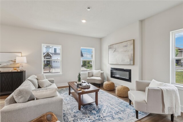 living room with plenty of natural light and wood-type flooring