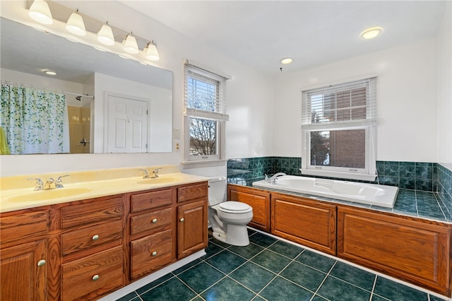 full bathroom featuring a healthy amount of sunlight, toilet, independent shower and bath, and tile patterned flooring