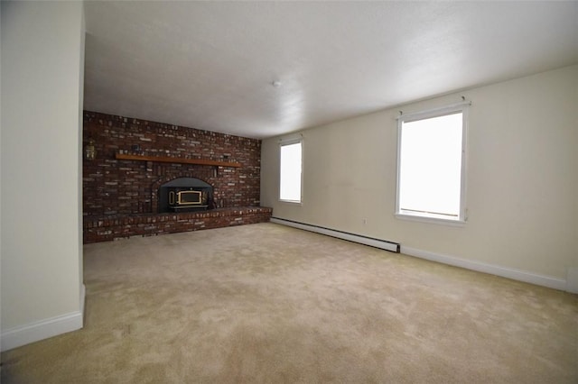 unfurnished living room with a baseboard heating unit, light colored carpet, and a wood stove