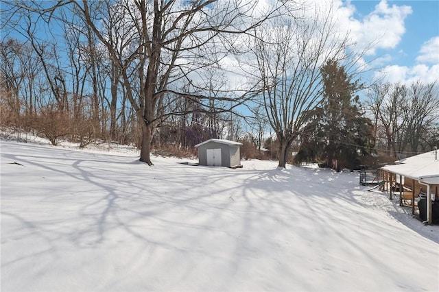 yard covered in snow with a storage shed