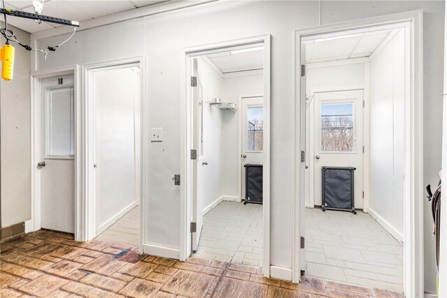 316 Noll Rd, Hanover Twp Bea, PA 15043 - interior space featuring brick floor and attic access