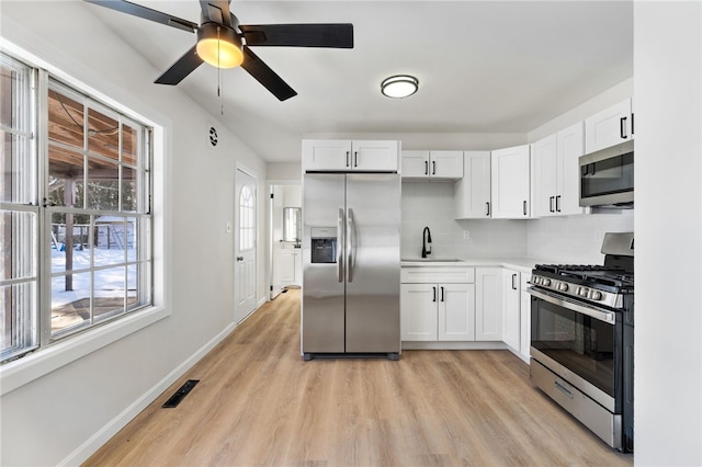 kitchen featuring sink, stainless steel appliances, tasteful backsplash, light hardwood / wood-style floors, and white cabinets