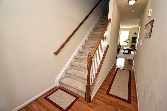 stairway with hardwood / wood-style floors