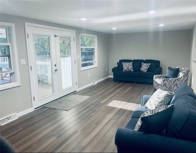 living room featuring wood-type flooring and french doors