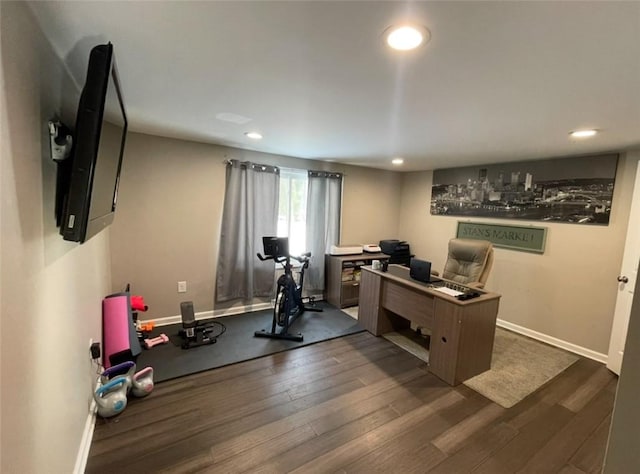 home office featuring dark wood-type flooring