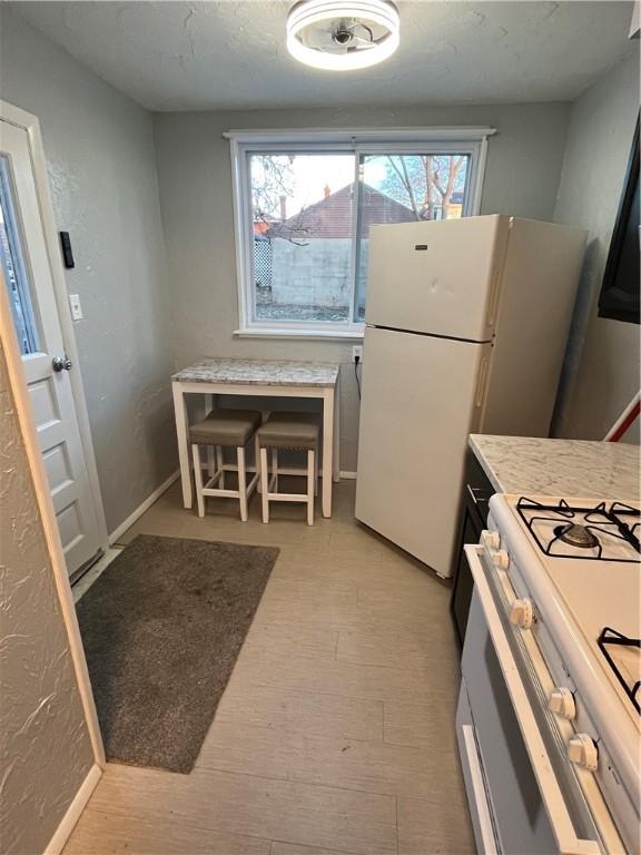 kitchen with white appliances and light hardwood / wood-style flooring