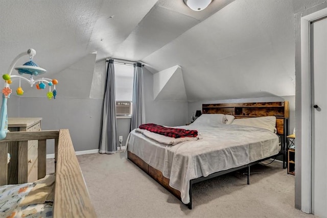 bedroom featuring vaulted ceiling, light carpet, a textured ceiling, and cooling unit