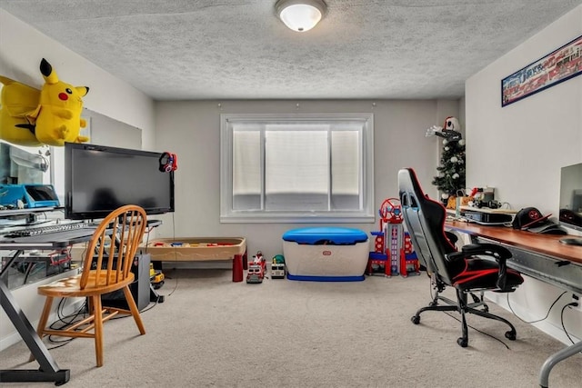 home office with light carpet and a textured ceiling