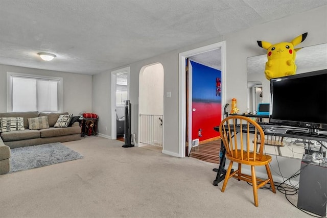 living room with light carpet and a textured ceiling