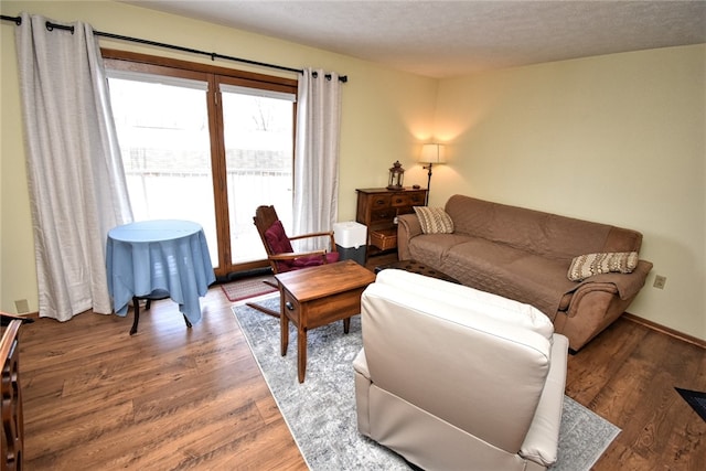 living room with hardwood / wood-style floors and a textured ceiling