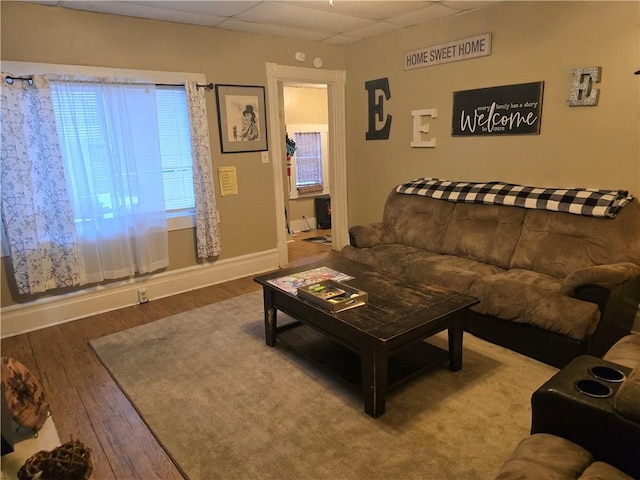 living room with hardwood / wood-style floors and a drop ceiling