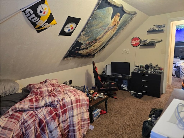 carpeted bedroom featuring lofted ceiling