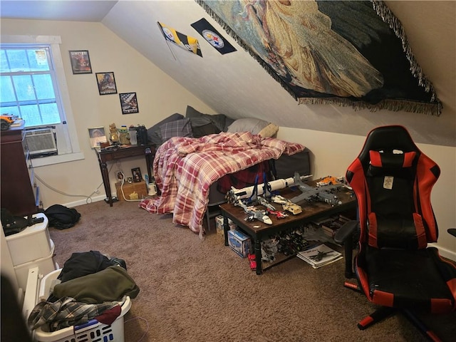 carpeted bedroom with cooling unit and vaulted ceiling