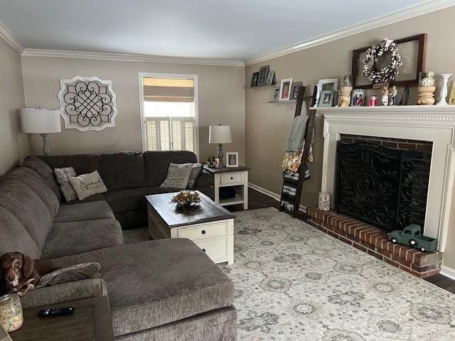 living room featuring dark wood-type flooring, a fireplace, and ornamental molding