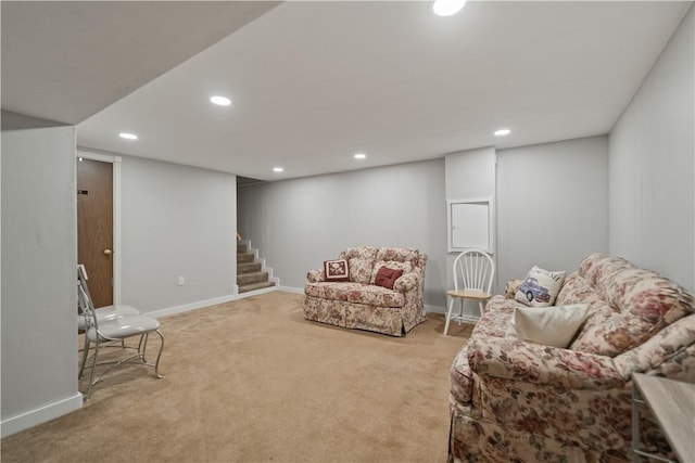 sitting room with light colored carpet