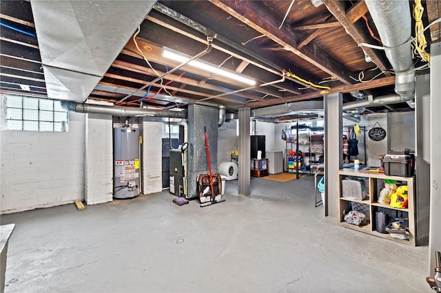 basement with gas water heater and heating unit