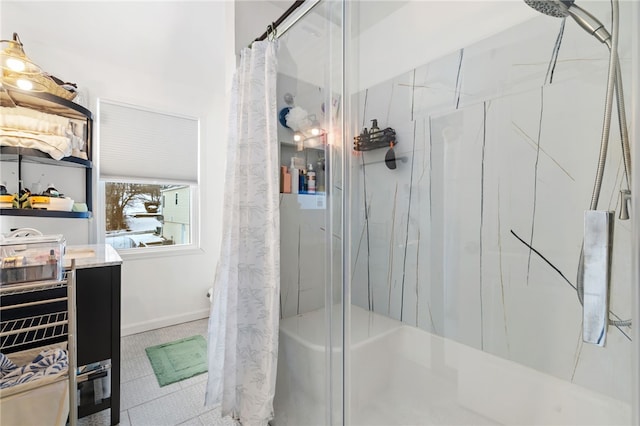 bathroom featuring vanity and curtained shower