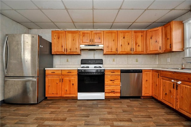 kitchen featuring sink, dark wood-type flooring, and appliances with stainless steel finishes