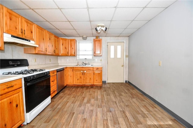 kitchen with sink, gas range, a paneled ceiling, light hardwood / wood-style flooring, and dishwasher