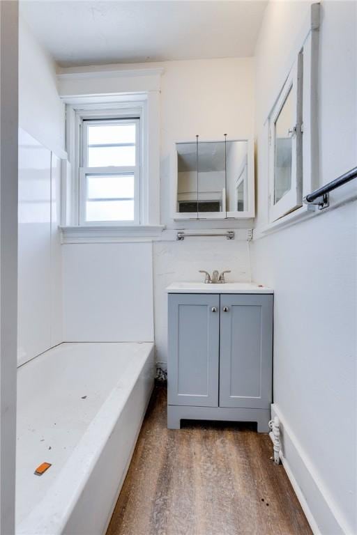 bathroom featuring vanity, hardwood / wood-style floors, and independent shower and bath