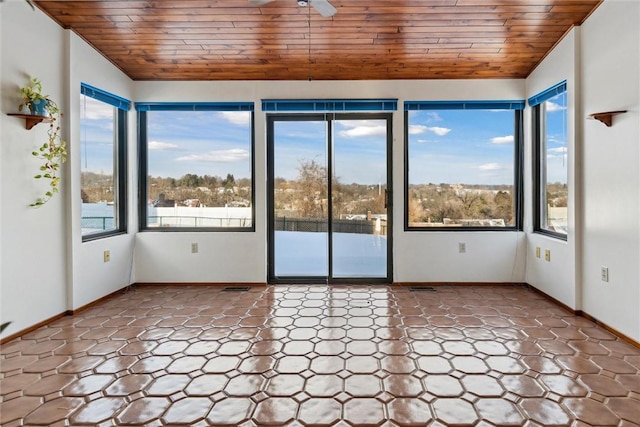 unfurnished sunroom with lofted ceiling, plenty of natural light, and wooden ceiling