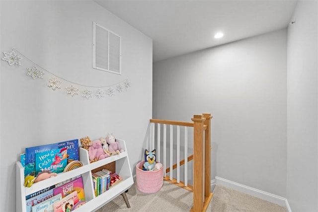 recreation room with recessed lighting, carpet, visible vents, and baseboards