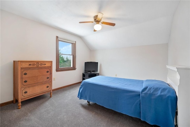 bedroom featuring lofted ceiling, carpet floors, and ceiling fan