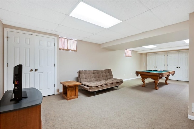 game room with a drop ceiling, pool table, and carpet