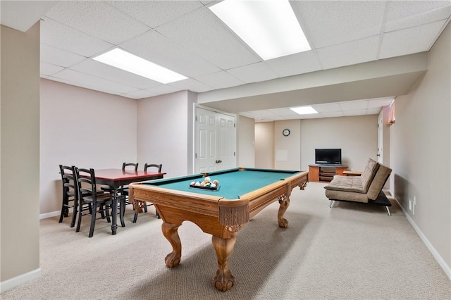 game room with carpet floors, a paneled ceiling, and billiards