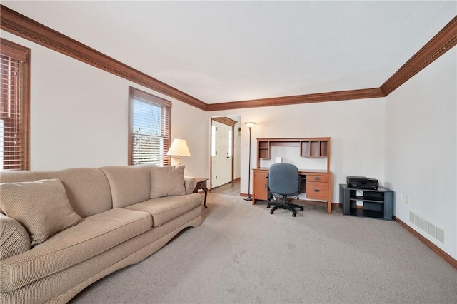 office space with crown molding and carpet