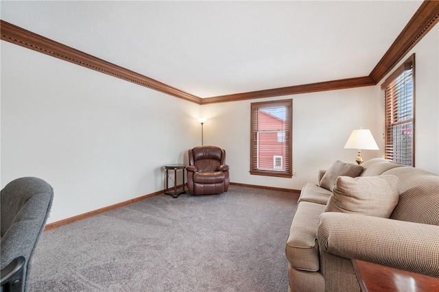 living room featuring crown molding, carpet floors, and plenty of natural light