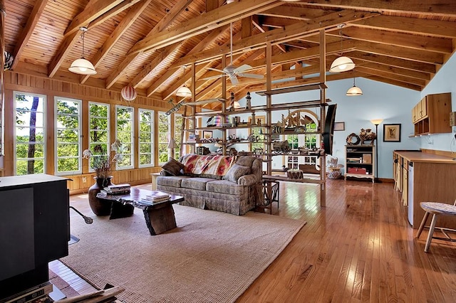 living room with hardwood / wood-style flooring, wooden ceiling, wooden walls, and beamed ceiling