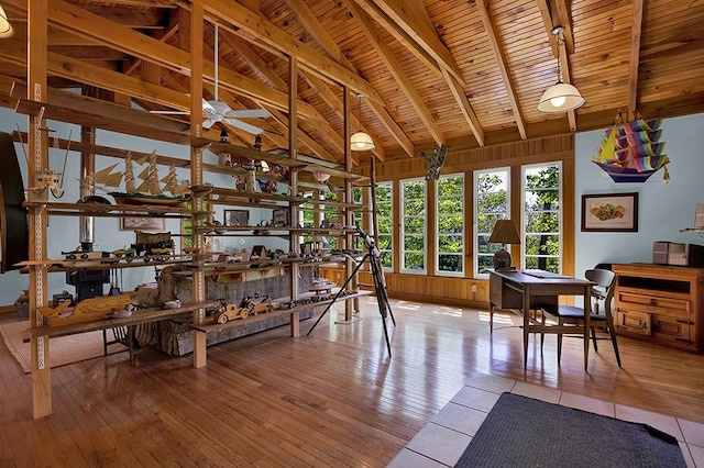 interior space with wood ceiling, ceiling fan, lofted ceiling with beams, light hardwood / wood-style floors, and wood walls