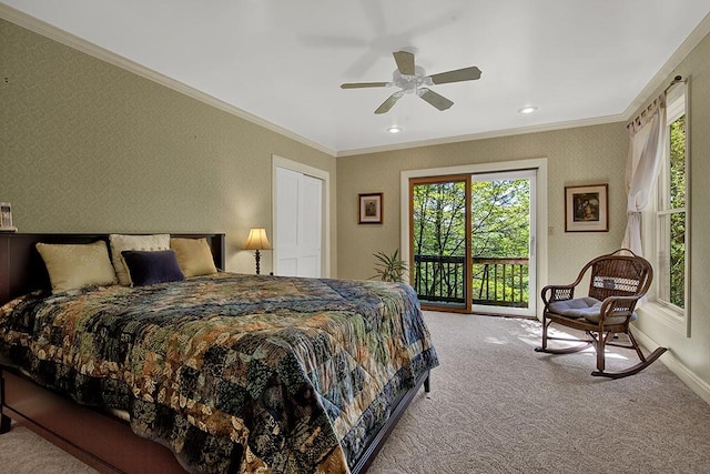 carpeted bedroom with crown molding, access to outside, and ceiling fan