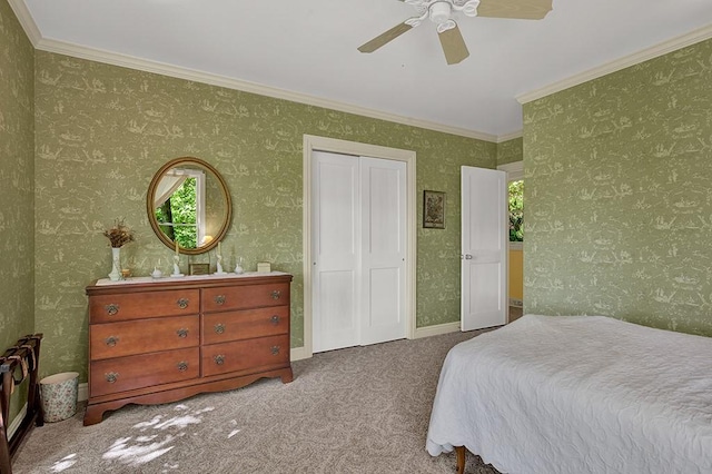 carpeted bedroom featuring multiple windows, crown molding, and ceiling fan