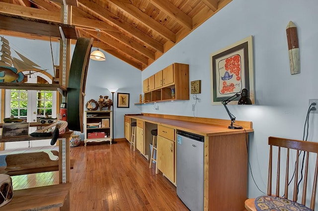 kitchen with wood ceiling, high vaulted ceiling, fridge, hardwood / wood-style flooring, and beam ceiling