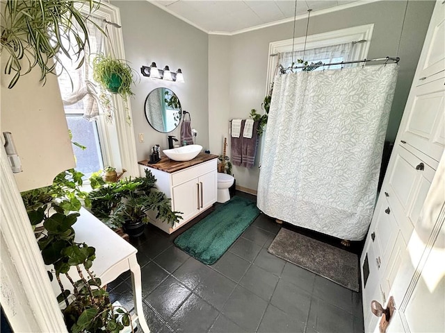 bathroom featuring vanity, ornamental molding, a shower with shower curtain, and toilet