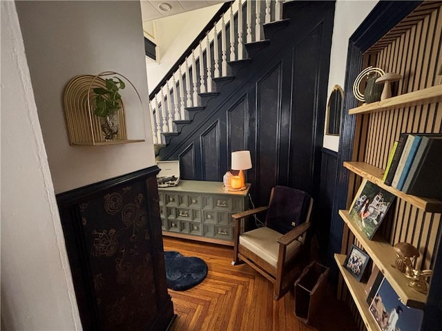 living area with parquet floors