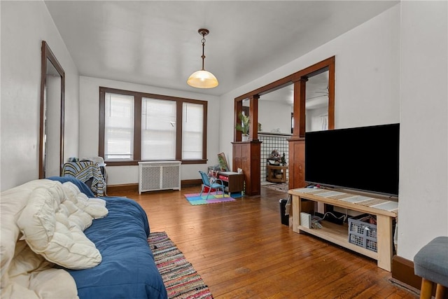 living room with hardwood / wood-style flooring and radiator