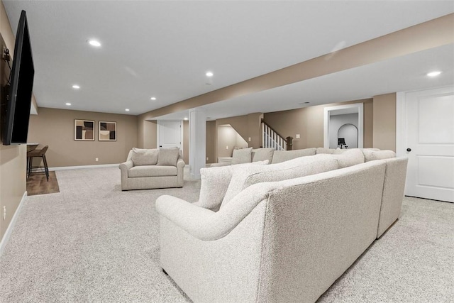 living room featuring light colored carpet