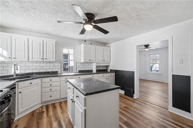 kitchen featuring white cabinetry, sink, tasteful backsplash, and range