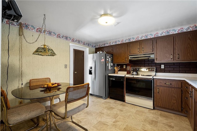 kitchen with black dishwasher, stainless steel fridge with ice dispenser, dark brown cabinetry, and white range with electric cooktop