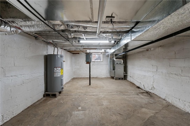 basement with water heater, heating unit, and electric panel