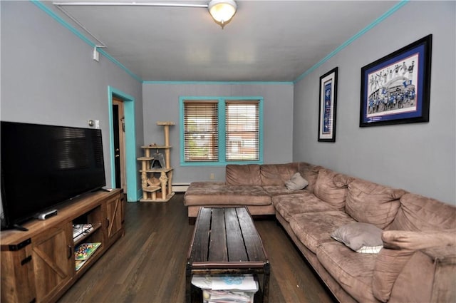 living room with crown molding and dark hardwood / wood-style flooring