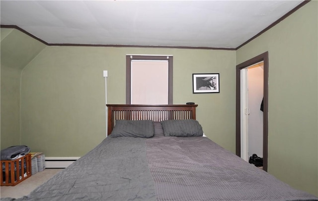 carpeted bedroom with crown molding and a baseboard radiator