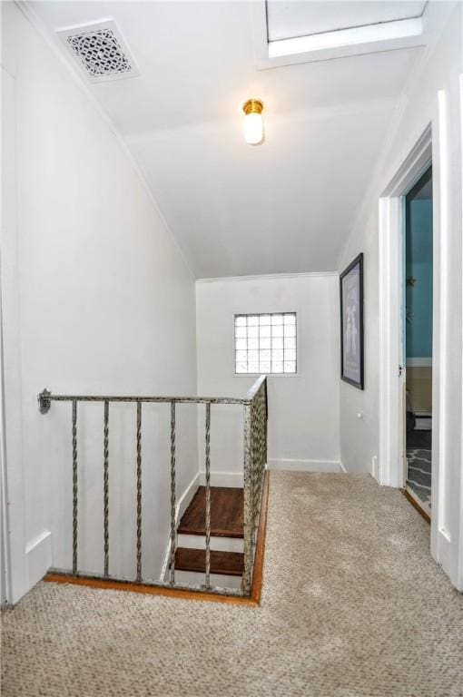 stairs featuring lofted ceiling and carpet