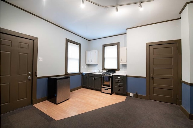 kitchen featuring crown molding, light carpet, track lighting, stainless steel appliances, and white cabinets