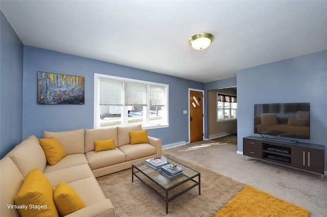 204 Liberty St, Perryopolis, PA 15473 - living room with a baseboard radiator, carpet floors, and baseboards