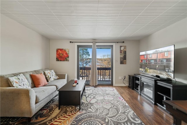 living room with dark hardwood / wood-style floors